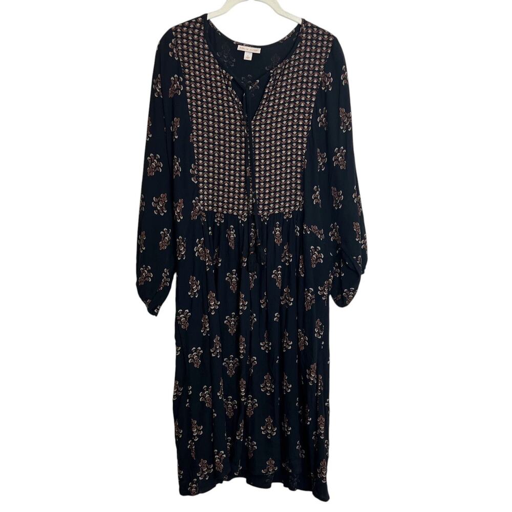 Knox Rose Boho Floral Midi Dress Size Large Black Balloon Sleeve Tassel Tie